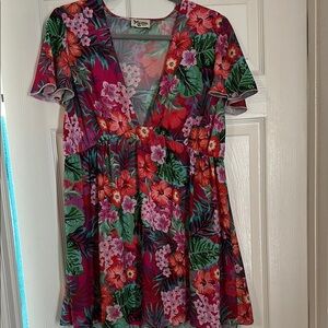 Show Me Your MuMu Magenta Floral V-Neck Mini Dress with Green Leaves